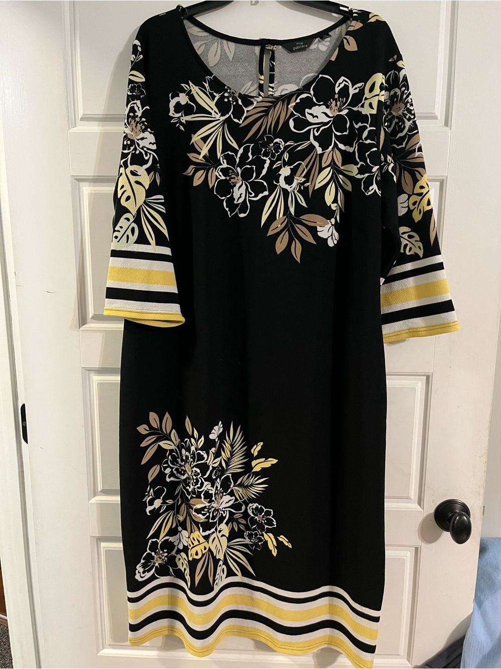 Mlle Gabrielle Black Floral Midi Dress with Yellow and Cream Accents